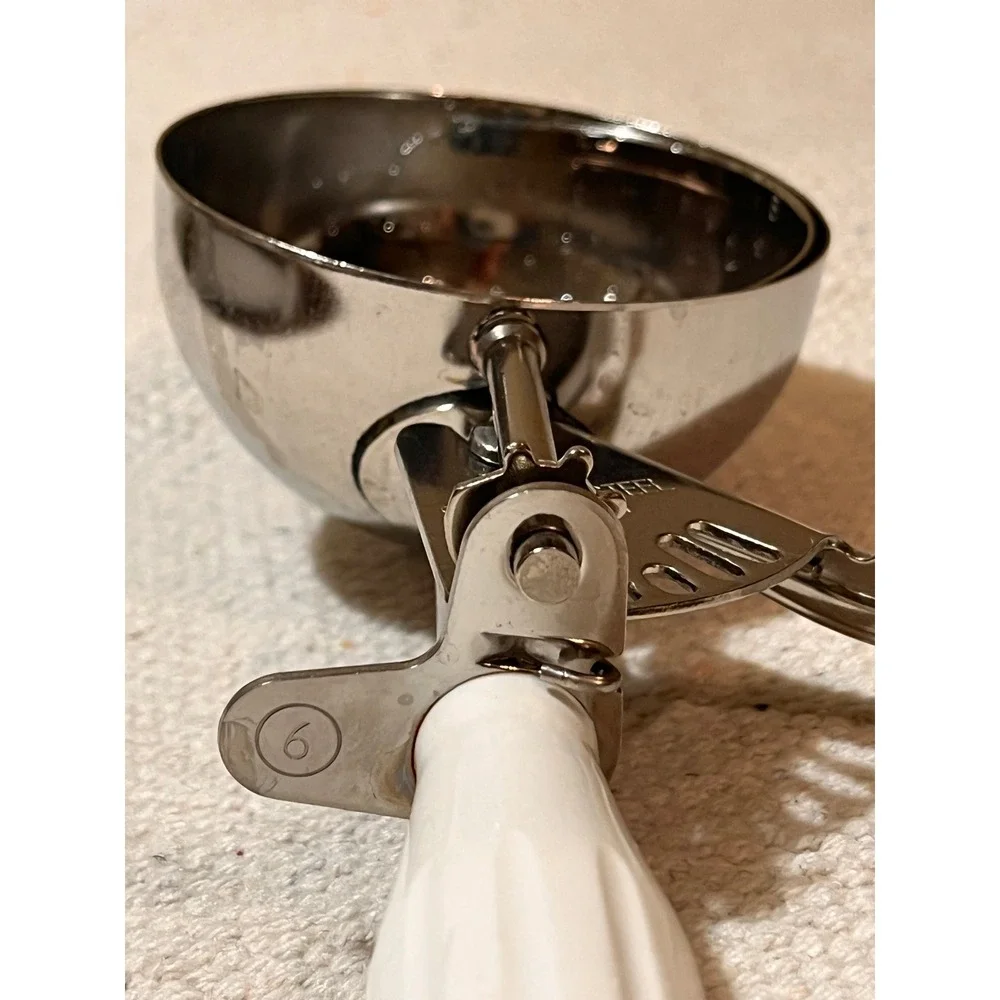 Vintage NSF #6 Stainless Steel Portion Scoop Disher White Handle